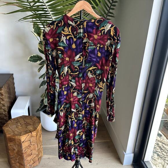 Leslie Fay Vintage Floral Long Sleeve Midi Dress S 12 Tie Waist Cottage Garden - Picture 2 of 9